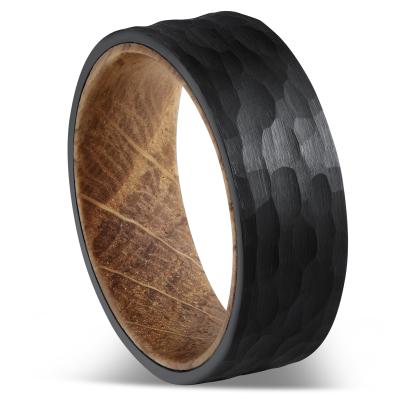 China Scratch Resistant Wood Barrel Sollid Ring Tungsten Men's Black Plated Steel Ring Hammered Ring Wedding Band for sale