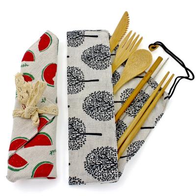 China Stocked Green Leaf Design Set Wooden Spoon Knife Fork Bamboo Cutlery With Rubber Band for sale