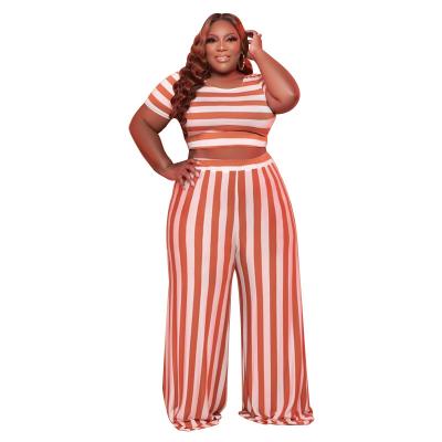 China 21226 Plus Size Manufacturers Supply Amazon Border Striped Street Fashion Casual Suit Plus Size Women's Two Piece Suit for sale