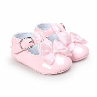 China Cute Baby Pu Leather Trim Shoes For Newborn Infant Shoes First Walkers Princess Shoes Soft Soled Crown Bow Lovely Toddler Shoes for sale