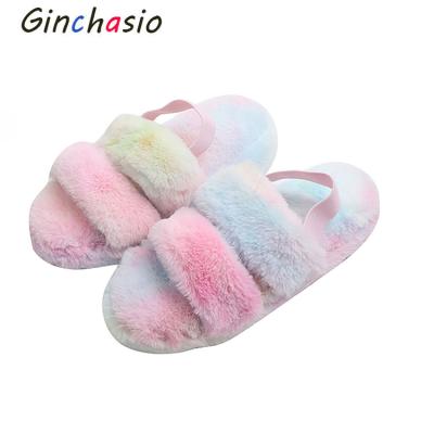 China Fashion Ginchasio Women Slippers Faux Fur Autumn Winter Warm Plush Gray Color Non-slip Comfortable Hairy Home Slippers for sale