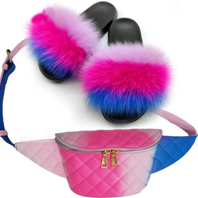 China Fashion Trend Women Fur Slides and Purse Set PVC Furry Jelly Wallet Travel Slippers Rainbow Ladies Sandals Fur Girl Fluffy Plush Slippers for sale