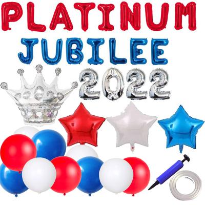 China White aluminum and latex 2022 and blue red platinum jubilee Queen Elizabeth II banner party decorations set, crown and star and latex balloons, for sale