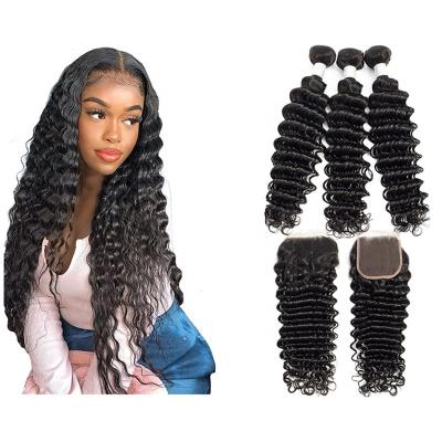 China Deep Wave Deep Wave Hair 3 Bundles With 1 Bundle And Closure Transparent Virgin 4X4 Lace Hair Weave Brazilian Hair Vendors for sale