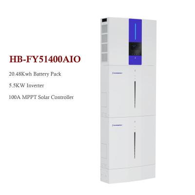 China Energy Storage Battery and Inverter All In One Ess System Built-in MPPT Battery 51.2V 400Ah 20kwh Capacity With 340W Solar Panel HB-FY51400AIO for sale