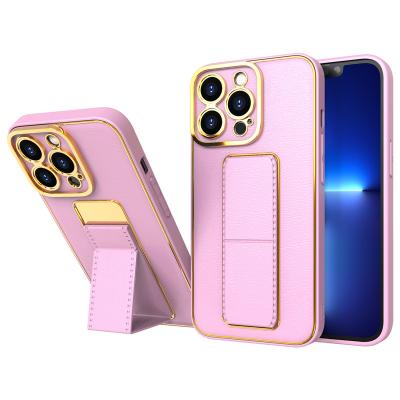 China Shockproof Leather Phone Case With Invisible Magnetic Stand Case For iPhone 13 14 Pro Max Plating Camera Protection Shockproof 12 11 Cover for sale