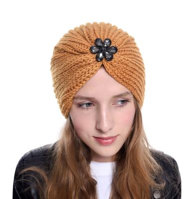 China COMMON Winter Warm Hat Flower Ornaments Fashion Hat Wrap Indian Head Knitted Turban Hat for sale