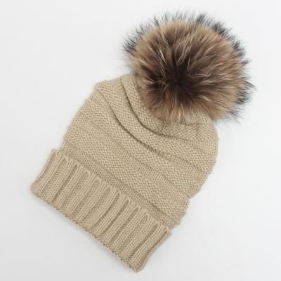 China 2021 New Winter 15cm COMMON Real Hair Raccoon Ball Hair Wool Hat Oversized Decorative Woman Girl's Knitting Hat for sale