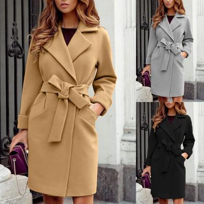 China Winter Breathable Lace-Up Thin Women's Solid Color Woolen Coat Long Length Fashion Woolen Jacket for sale