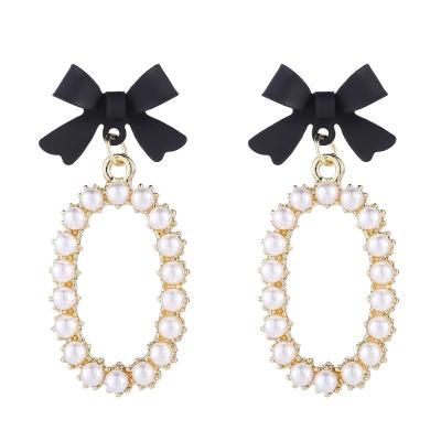 China TRENDY S925 needle black bow silver earrings beads new stylish fashion stud girls without piercing ear clips A91-A92 for sale