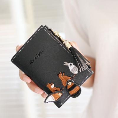 China New Style Waterproof Ladies Embroidered Cute Cartoon Wallet Tassel Zipper Two Fold Short Fold Coin Purse Card Holder for sale