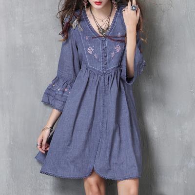 China Anti-Wrinkle OEM Boho Asymmetric Women Dress Embroidery Dresses Long Sleeve V-Neck Cotton Dress STb-0401Y for sale