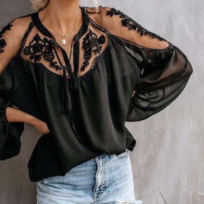 China OEM anti-pilling tops lace blouses fashionable black women's blouses elegant ladies' blouses and tops STDN0058Y for sale