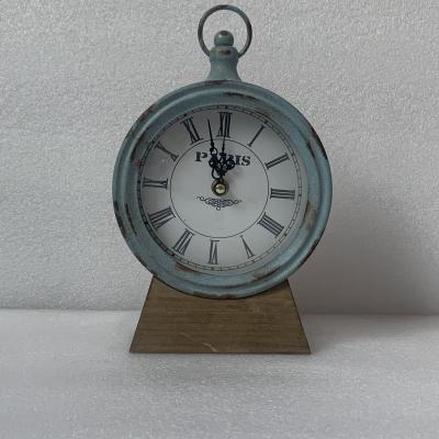 China Antique style 16CM DISTRESS BULE METAL FRAME WOODEN BOTTOM TABLE CLOCK for sale