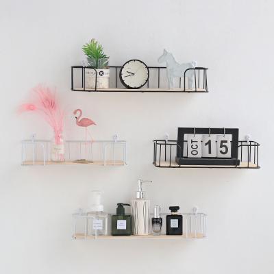 China Wholesale Luxury Creative Multifunctional Wooden Home Bathroom Wall Rack Morden Wrought Iron Storage Rack Cosmetic Storage Rack for sale