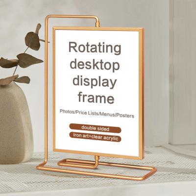 China Cafe metal picture frame menu price table card sign holder display double-sided rotating desktop display board for sale