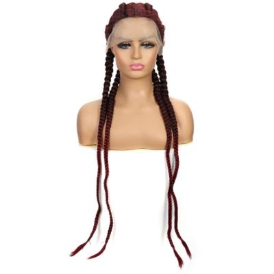 China Other Heat Resistant Synthetic Hair 99J Burgundy Color Double Dutch Box Braided Twist Long 4 Braids Lace Front Wigs With Baby Hair for sale