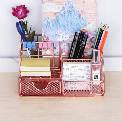 China Strong Multifunctional Rose Gold Wire Stationery Business Card Plus Pen Holder Organizer Practicality With Drawer for sale