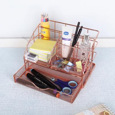 China Strong Practicality Rose Gold Business Card Plus Pen Holder Mesh Desktop Organizer Desk with Sliding Drawer for sale