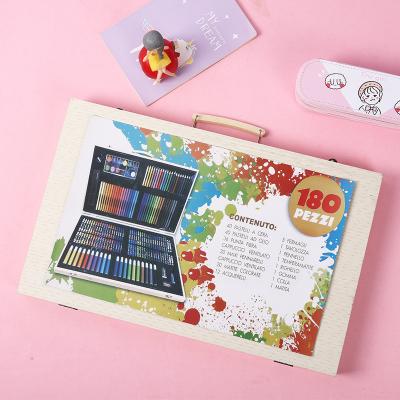 China Wholesale Fashion 180 Pieces Art Wooden Drawing Box Set with Pen Pencil and Watercolor Color Art Sets for Kids for sale