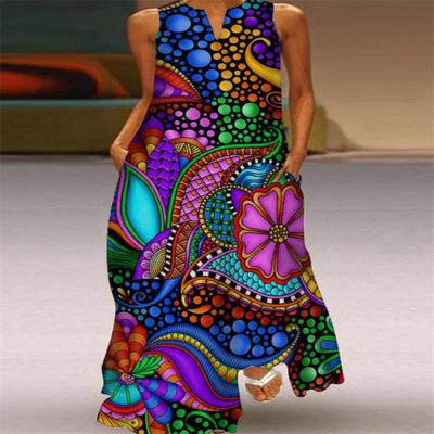 China 2022 Anti-wrinkle new arrivals Tropical casual all over print patchwork V-neck dresses ball gown shift dress for women for sale