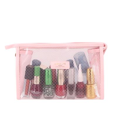 China Custom Logo Waterproof Pink Makeup Bag Custom Portable Waterproof Handle Carry Transparent EVA Mesh Cosmetic Makeup Bag Travel Factory for sale