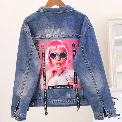 China Fashion Breathable Pink Hairs Autumn Casual Denim Jacket Women Young Ladies Jean Jacket With Eyelet for sale