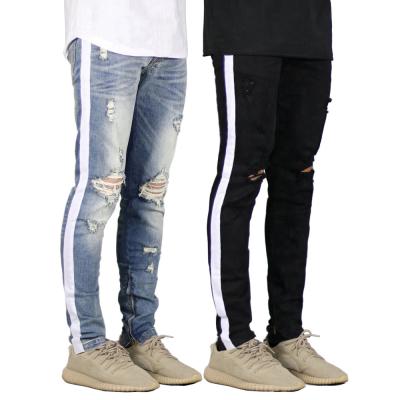 China Men Breathable Jeans Design Fashion Side Stripe Ripped Destroyed Jeans For Men for sale