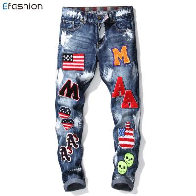 China Men Breathable Denim Straight Pants With Embroidery Patches Slim Fit Jeans For Man for sale