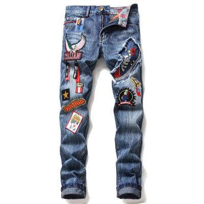 China New Men's Embroidered Slim Fit Mens Multi Badge Pencil Pants Jeans for sale