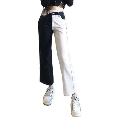 China Lady Straight Tube High Waist Women's White And Color Fitting Breathable Personal Casual Joint Jeans for sale