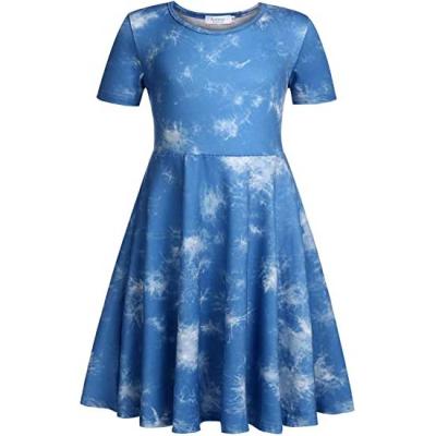 China Polyester / Cotton Girls Dress Short Sleeve A Line Swing Skater Twirl Summer Jeans Dress for sale