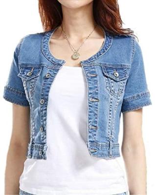 China Sustainable Blue Round Neck Women Bomber Jacket Autumn Regular Jacket Denim Jacket for sale