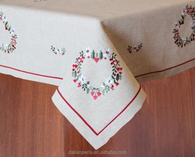 China Luxury Waterproof Glossy Effect Polyester / Linen Tablecloth With Romantic Heart Embroidery For Christmas for sale