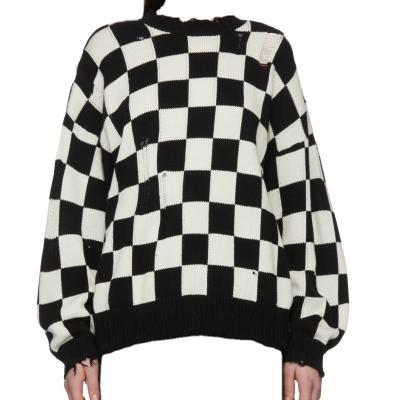 China casual Anti-wrinkle style round neck checkerboard pattern custom distressed fashion knit fall/winter women's and men's long sleeve pullover for sale