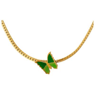 China Iyan Environmental Friendly Wholesale Non Tarnish Free Waterproof Tasty Women Jewelry 18K Gold Plated Stainless Steel Cuban Green Butterfly Necklace for sale