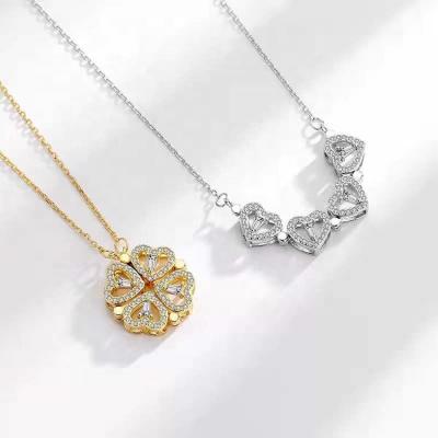 China Environmental Friendly Magnetic CZ Diamond Four Hearts 4 Leaf Clover 18k Gold Plated Stainless Steel Pendant Necklace For Women for sale