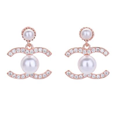 China 18K Style Environmental Friendly Luxury Gold Plated Zircon Earring Micron Zircon Pearl CC Stud Earrings For Women for sale