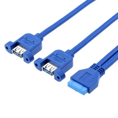 China Computer PC PC Case Internal Mainboard 19pin Female 2 To Female Blue 50cm USB 3.0 Left Screw Type A Lock Panel Holder Cable for sale