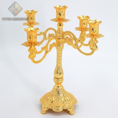 China Decorative Gold Wedding Viable Tulip Medium Candlestick Seat Beaded Five Headed Candelabra Centerpiece Metal Candle Holders for sale