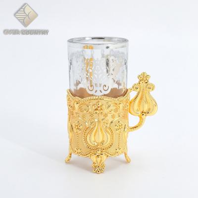 China New Design Viable Arabic Flower Base Wedding Craft Glass Tea Cup Set Gold Plated 6Pcs Tea Cup With Leg for sale