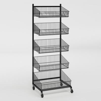 China Single Sided 5 Tier Basket Rack Retail Display With Wheels for sale