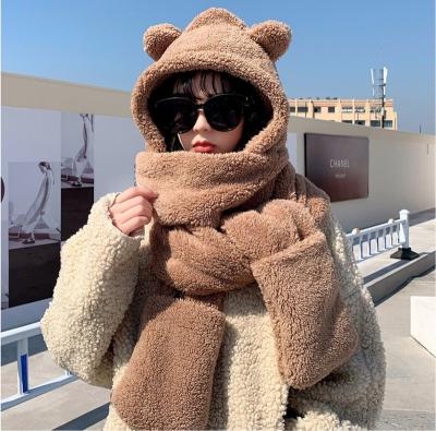 China Lovely cotton panda ear blend thickened hat three piece scarf winter warm female plain scarf for sale