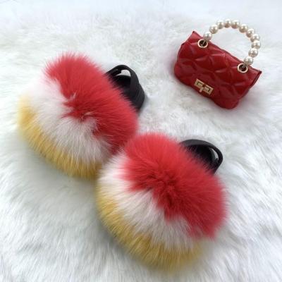 China Charming Color Sheer Fur Slides For Girl Real Big Furry Slippers Flush Outdoor Soft Raccoon Slider Sandals Fox Fur Slipper for sale