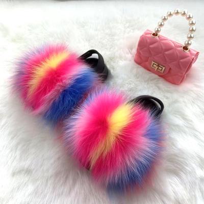 China Charming Pure Color Real Color Fox Sandals Summer Solid Blocked Cute Baby Fur Slippers for sale