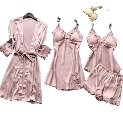 China QUICK DRY Lady Silk Pajamas Lace Set Long Sleeve High Quality Sleep Wear Female Night Loungewear for sale