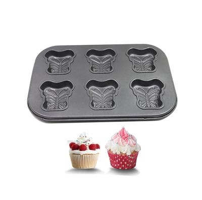 China Black Non-Stick Stocked Flower Custom Bakeware 6 Cup Muffin Pan Square Christmas Cupcake Baking Tray for sale