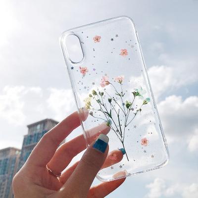 China Flower Mobile Phone Cover 3D Dry Pressed Acrylic Case Ultra Thin Shockproof Mobile Glitter Flowers Beautiful Real TPU Accessories for sale