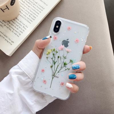 China Ultra Thin Shockproof Mobile Accessories Stick 3D Real Flower Dry Acrylic Phone Cover Back Case for sale