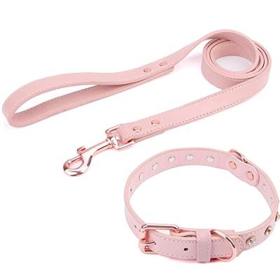 China Custom Leather Padded Soft Vegan Dog Collar and Leash Set with Rose Gold Buckle for sale